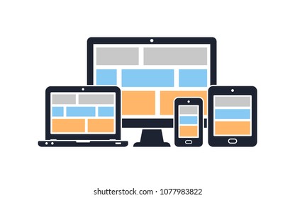 Responsive design for web- computer screen, laptop, smartphone, tablet icons set