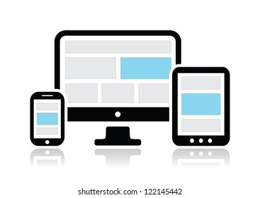 Responsive design for web- computer screen, smartphone, tablet icons set