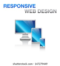 Responsive design for web: computer screen, smartphone, tablet isolated on white. Vector icons set.