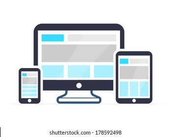 Responsive design for web- computer screen, smartphone, tablet icons