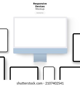 Responsive Devices Mockup for Showcasing Web Site or App Design. Computer Monitor, Tablet, Smartphone. Vector Illustration