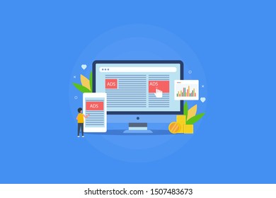 Responsive Display Ads, Responsive Design, Display Marketing, Advertising On Desktop And Mobile Network - Flat Design Concept With Character
