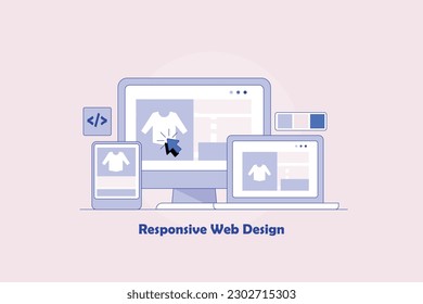 Responsive eCommerce website. Website design, application development, ecommerce website development for online business - outline vector illustration