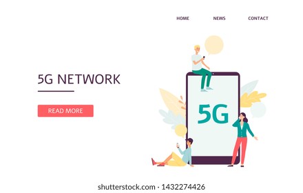 Responsive editable landing page with cartoon people characters using wireless 5g for internet and network connection flat vector illustration on white background.