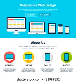 Responsive Flat Web Design Template. Vector Illustration for Website banner and landing page. Header with Devices Icons Modern Design.