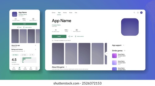 Responsive google play Market interface. App Store mobile and web mock-up. Apps description and screenshots template. Install apps and games for android button.  Vector illustration.