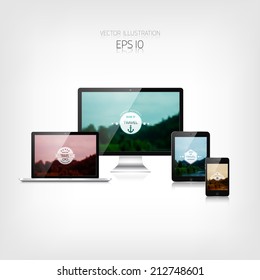 Responsive hipster travel web design. Adaptive user interface. Digital devises. Laptop, tablet, monitor, smartphone. Web site template concept.