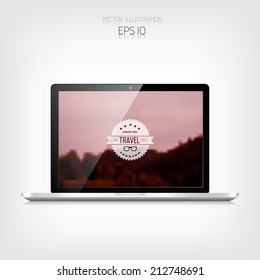 Responsive hipster travel web design. Adaptive user interface. Digital devises. Laptop. Web site template concept.