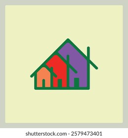 Responsive home icon design featuring three houses in orange red and purple colors with green outlines