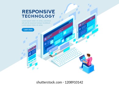 Responsive internet creation, conceptual screen interface for mobile. Building a device display content. Layout for smartphone. Concept with characters and text flat isometric vector illustration.