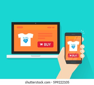 Responsive Internet Shop Design, Online Store Web Site Page Showed On Laptop And Smartphone In Hand, Ecommerce Shop Website On Computer And Mobile Phone, Flat Cartoon Style