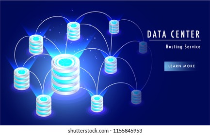 Responsive landing page with 3d isometric server connected with multiple servers for Data center hosting service concept.
