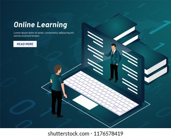Responsive landing page design with boy learning online through laptop for Online Learning concept.