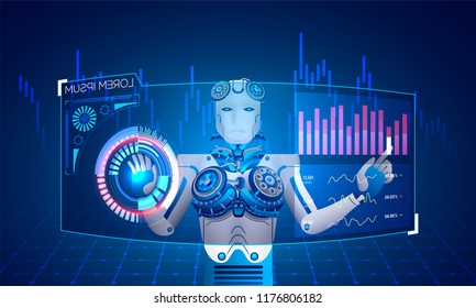 Responsive landing page design with humanoid robot working with virtual HUD interface screen for Artificial Intelligence (AI) era or virtual reality concept.