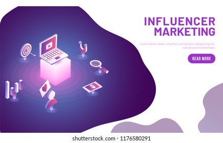 Responsive landing page design for Influencer Marketing concept with isometric illustration of  laptop and business equipments.