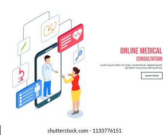 Responsive landing page design with isometric view of online medical consultation with different medical equipment services app for Healthcare concept.