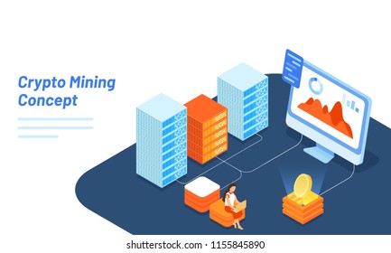 Responsive landing page design, isometric view of crypto coin with servers connected computer for Crypto mining concept.