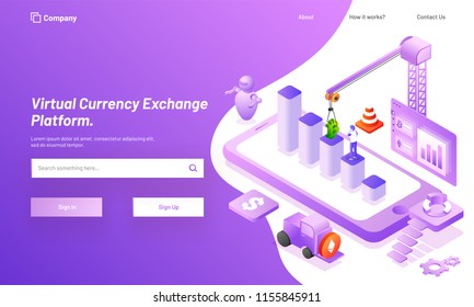 Responsive landing page design, isometric bar graph on smartphone screen with robot and delivery truck for Virtual Currency Exchange concept.