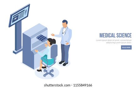Responsive landing page design with isometric character of doctor doing eye checkup in ophthalmic room for Medical Science.