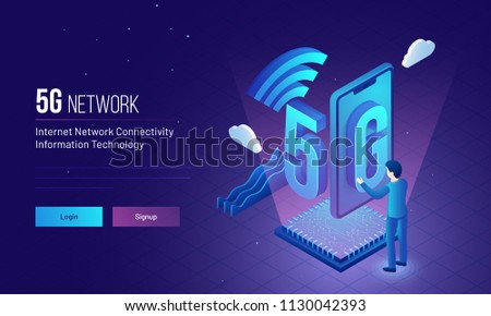 Responsive landing page design with isometric illustration of an engineer or developer establish wireless 5g network for internet network connectivity concept.