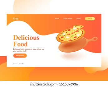 Responsive landing page design with pizza on frying pan for Delicious Food.