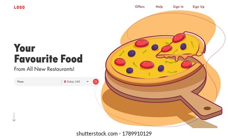 Responsive Landing Page Design With Presented Delicious Pizza Illustration For Restaurant.