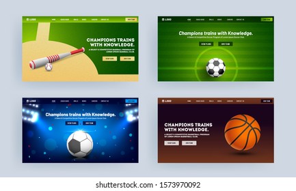 Responsive landing page design with realistic baseball bat, football and basketball in four option for Champion Trains with Knowledge.