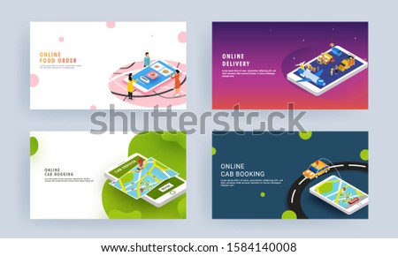 Responsive landing page design set with Online food order, cab booking and delivery service app in smartphone.