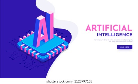 Responsive landing page or hero banner design with 3D isometric illustration of processor chip and digital circuit for Artificial Intelligence (AI) concept.