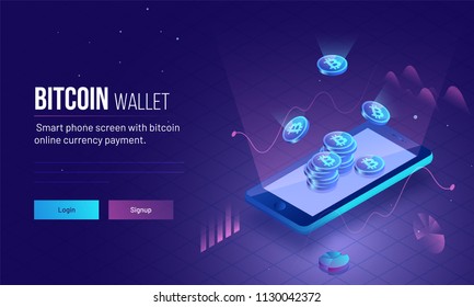 Responsive landing page or hero image for Bitcoin Wallet with 3D isometric illustration of smartphone with glowing bitcoins for virtual money or cryptocurrency concept.