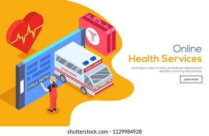 Responsive landing page with isometric view of briefcase, heart and a man calling ambulance through smartphone, for Online Health Services concept.