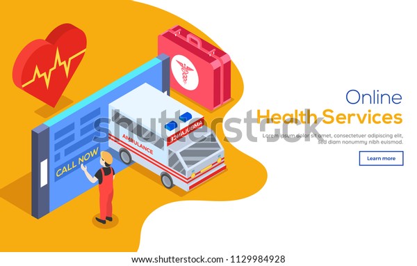 Responsive landing page with isometric view of\
briefcase, heart and a man calling ambulance through smartphone,\
for Online Health Services\
concept.