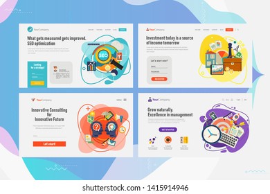 Responsive landing page and one page website design template mockups collection for business - Consulting, Management, Investment, SEO and Strategy. Flat style vector illustration web page set