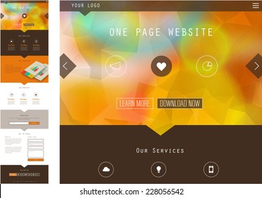 Responsive landing page or one page website template in flat design with modern polygonal and blurred header background