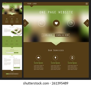 Responsive landing page or one page website template in flat design with modern blurred header background