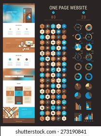 Responsive landing page or one page website template in flat design with modern blurred polygonal header background and 80 hexagonal icons and 20 infographics packs