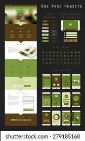 Responsive landing page or one page website template in flat design with modern blurred header background, trend flat icons and buttons, and mobile UI app templates