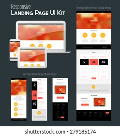 Responsive landing page or one page website template in flat design with modern blurred header background, laptop, tablet and smartphone mock-ups and tablet and smartphone website versions