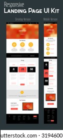 Responsive landing page or one page website template in flat design with modern blurred header background, with desktop and smartphone website versions