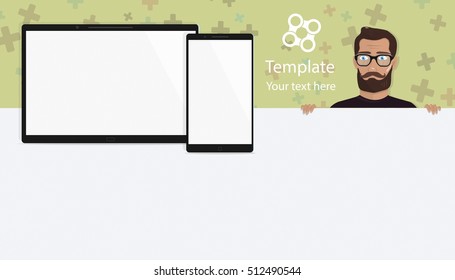 Responsive landing page or one website template. Elements for modern digital tablet PC with mobile smartphone, stylish young people.