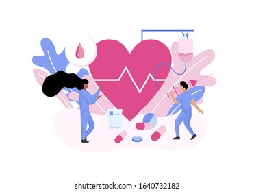 Responsive landing page template for many purposes, it could be used as a Medical, Treatment, Health care or websites. with pill, hearth, injection symbol on white background. Vector illustration 
