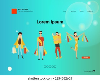 Responsive landing page web template or apps. Vector design with shopping people