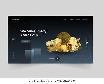 Diseño De Una Página De Aterrizaje O Plantilla Web Con Piedras Doradas 3D E Ilustración De Bitcoins.
