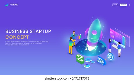 Responsive landing page or website design, illustration of businessmen launching new project of company with money invest and financial growth for Business Start up concept.