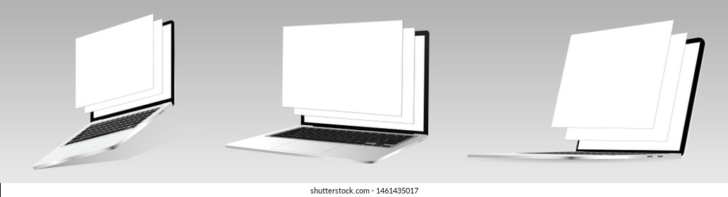 Responsive Laptop Screen Mockup. Set 3D Realistic Notebooks With Blank Framework Web Pages. Isometric View And Perspective. Vector Laptops For Responsive Web-design Or Showing Screenshots. Vector Set