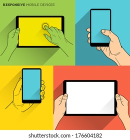 Responsive Mobile Devices - Hands holding mobile technology, vector illustration.