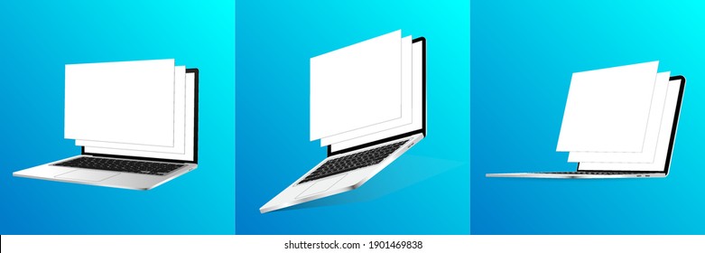 Responsive mockups laptop with out-of-bounds window templates. Great 3D realistic devices on gradients backgrounds. Mockup notebook with blank framework web pages and showing screenshots. Vector 