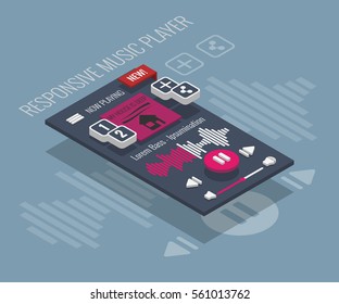 Responsive music player smartphone app, isometric flat design infographic on colored background. Music player audio streaming application for mobile phone device, conceptual vector illustration eps10.