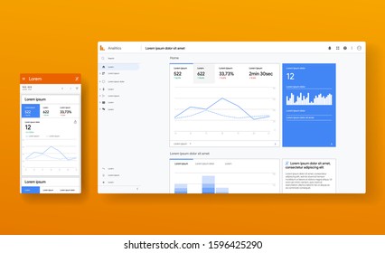 Responsive page analytics profile. Infographic app and website mock up. Work flow and chart template. Ads analisis. Editorial statistics. Vector illustration.