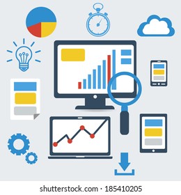 Responsive pc. Flat design modern vector illustration. SEO optimization,web analytics, programming process  elements.